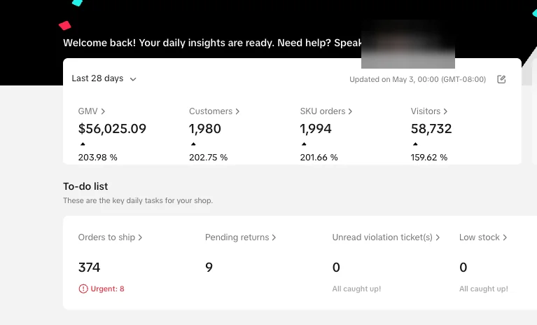 TikTok Shop dashboard